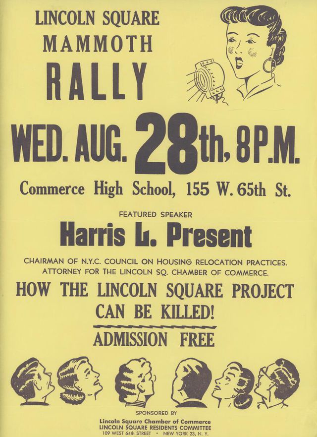 Rally poster from 1950s to stop the construction of Lincoln Center